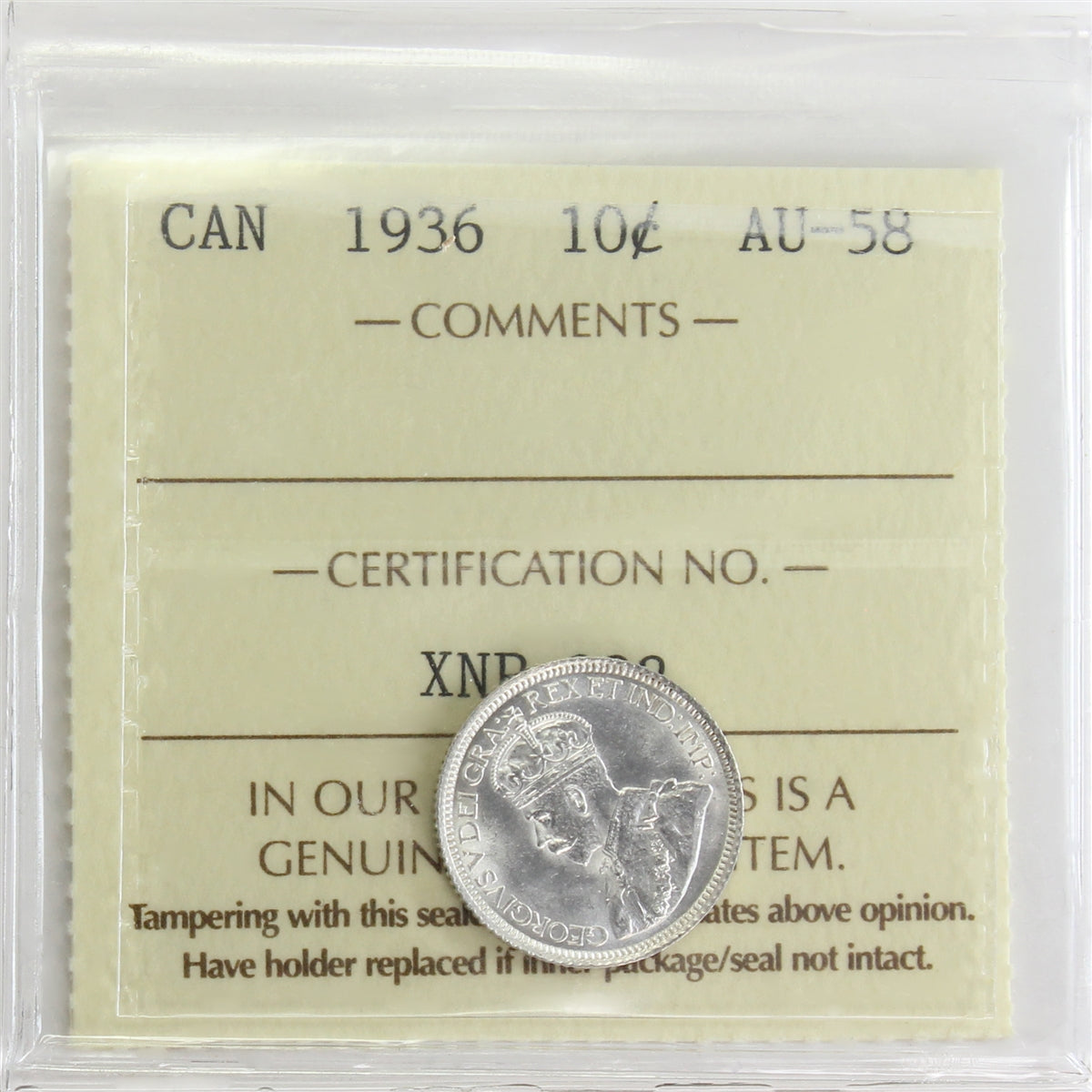 1936 Canada 10-cents ICCS Certified AU-58