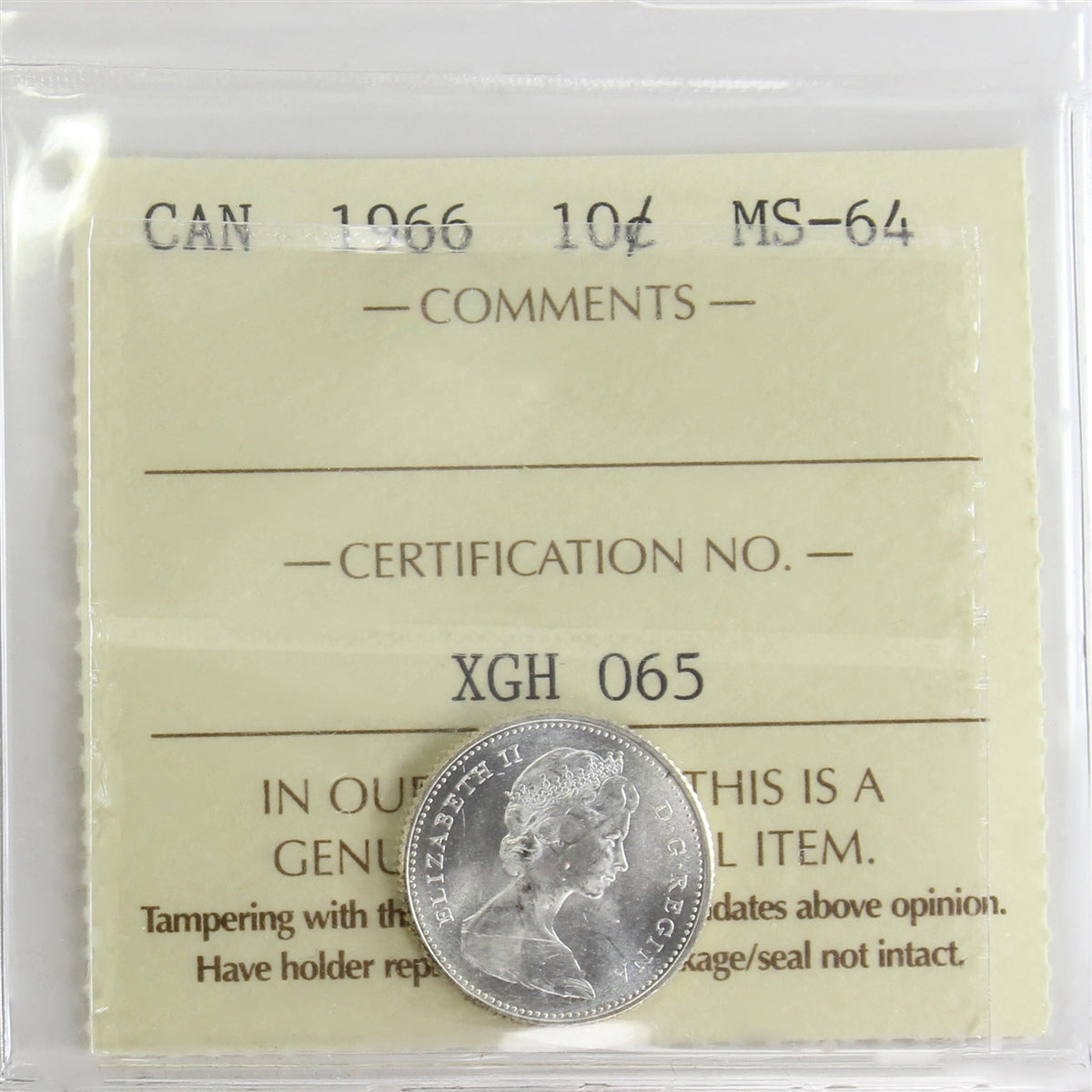 1966 Canada 10-cents ICCS Certified MS64