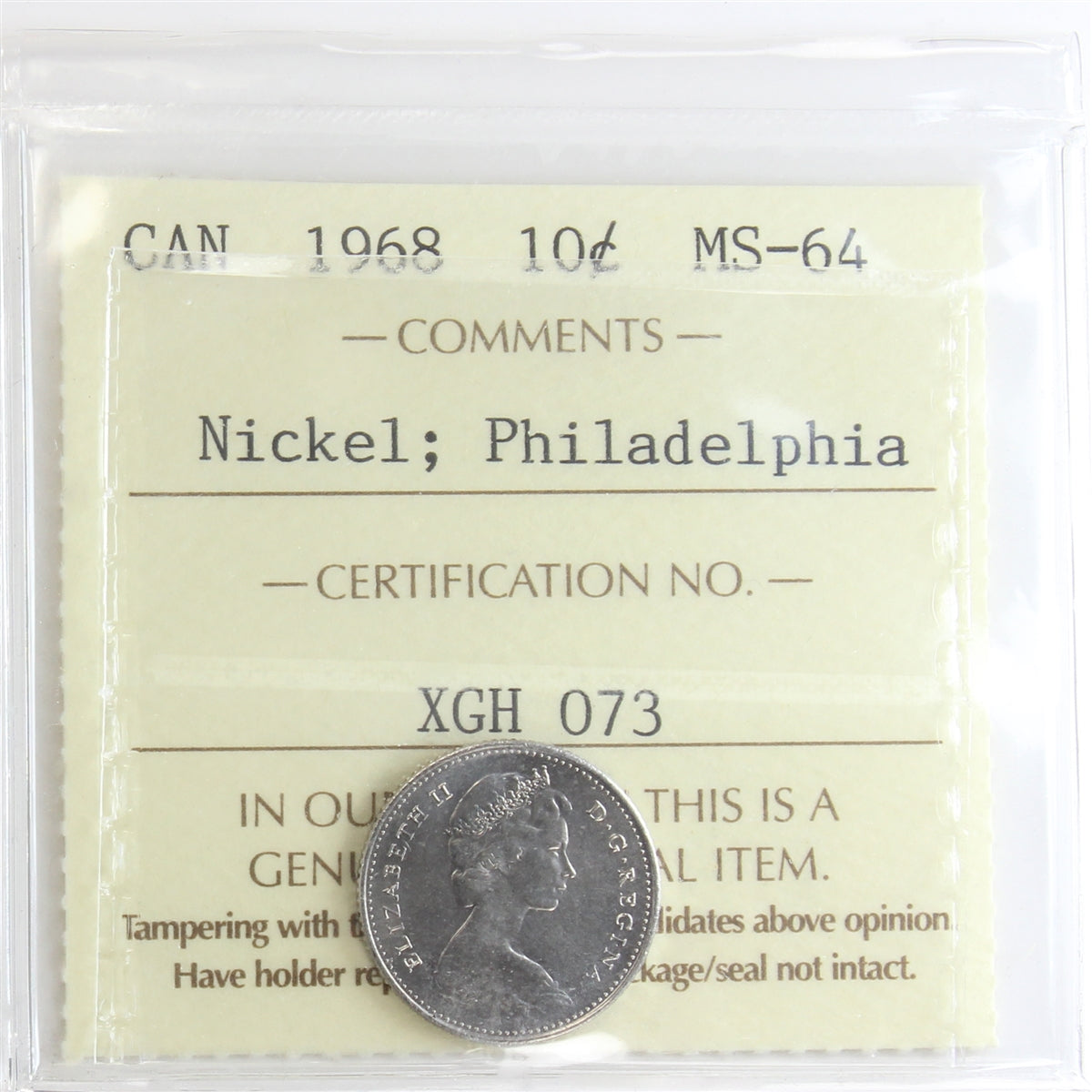 1968 Philadelphia Nickel 10-cents ICCS Certified MS64