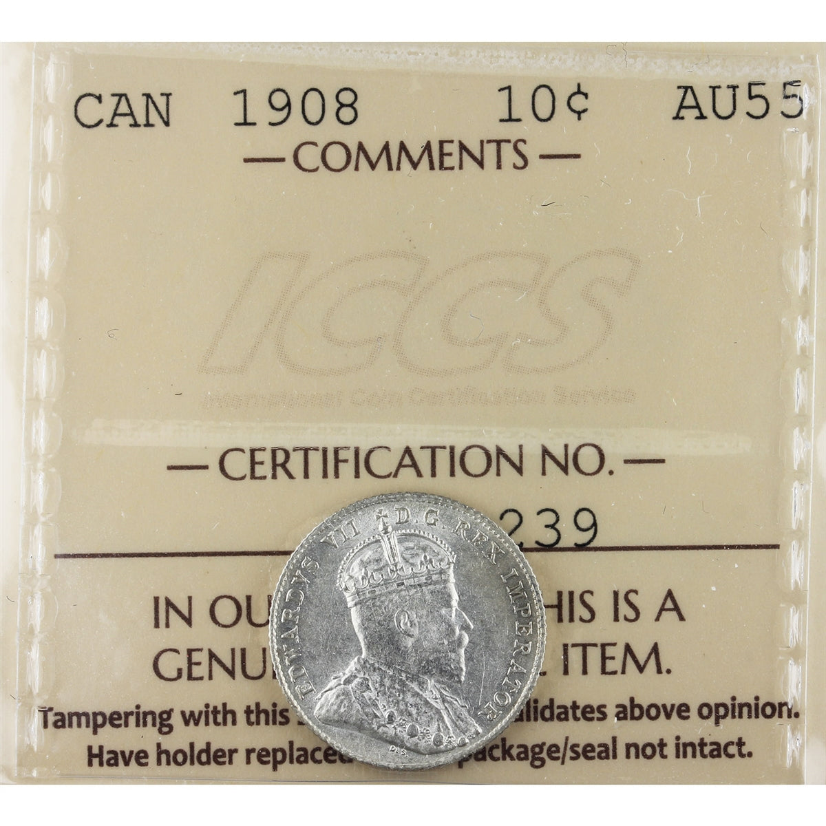 1908 Canada 10-cents ICCS Certified AU55
