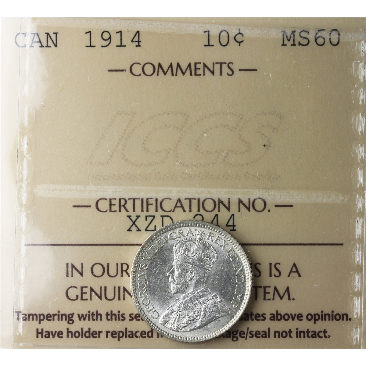 1914 Canada 10-cents ICCS Certified MS60 (XZD 244)
