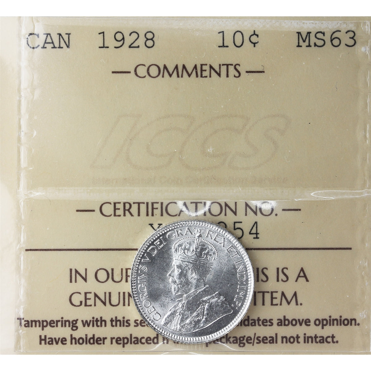 1928 Canada 10-cents ICCS Certified MS63 (XZD 254)