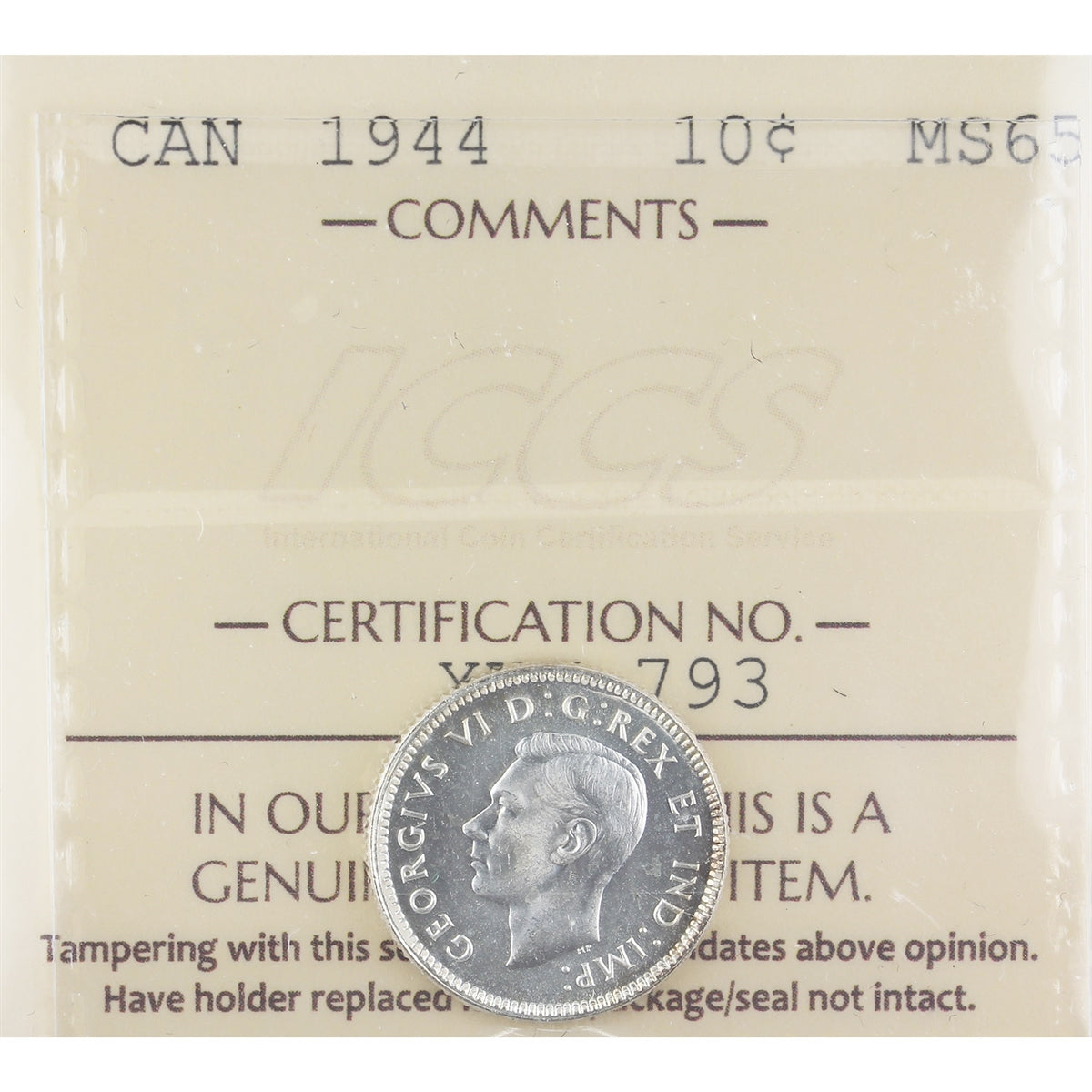 1944 Canada 10-cents ICCS Certified MS-65 (XWJ 793)