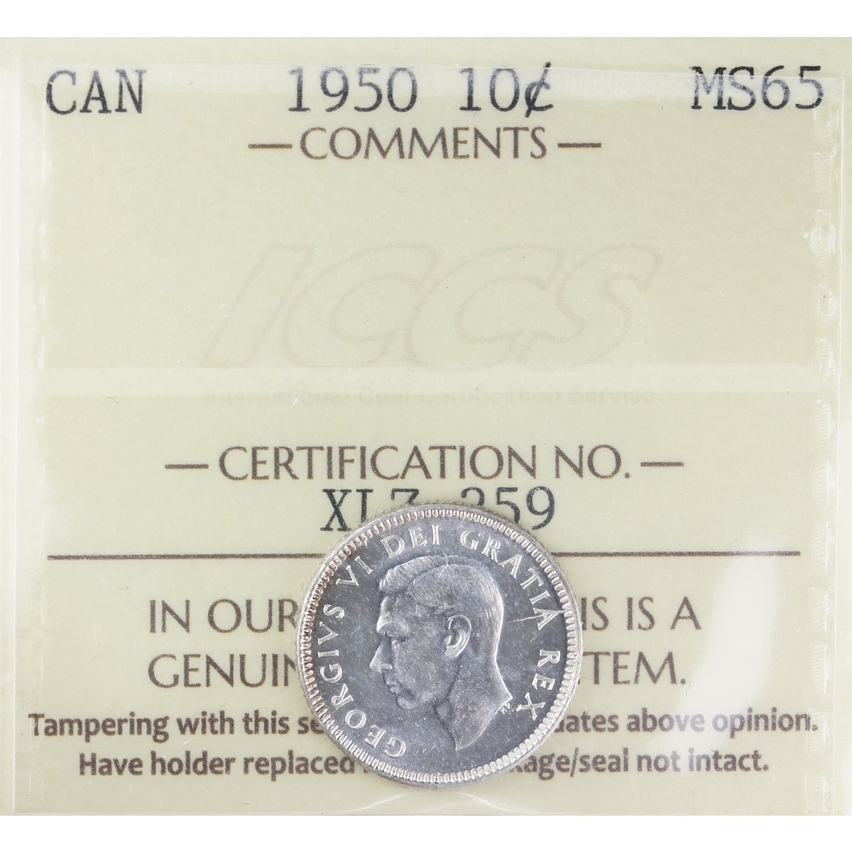 1950 Canada 10-cents ICCS Certified MS65 (XLZ 259)