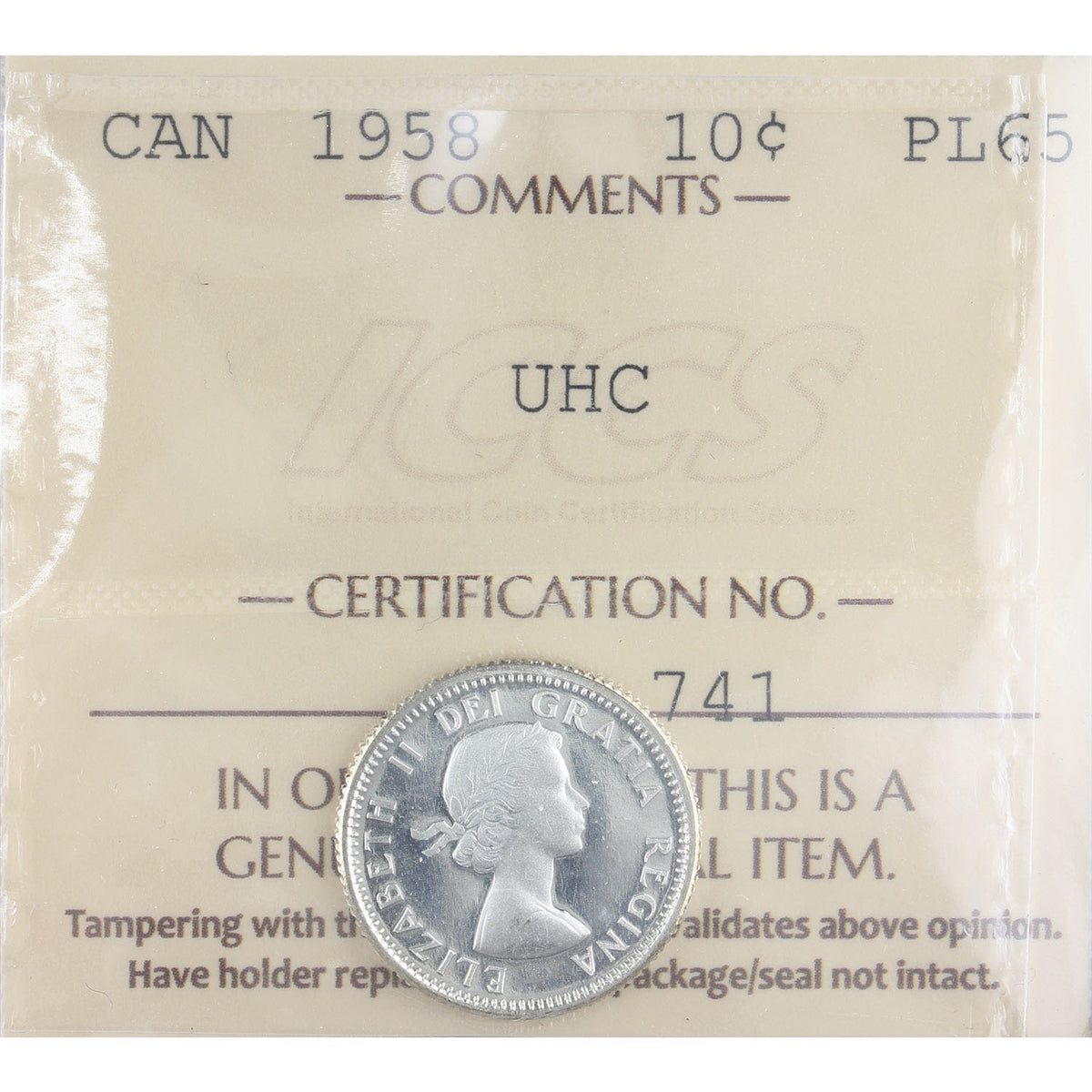 1958 Canada 10-cents ICCS Certified PL-65 UHC