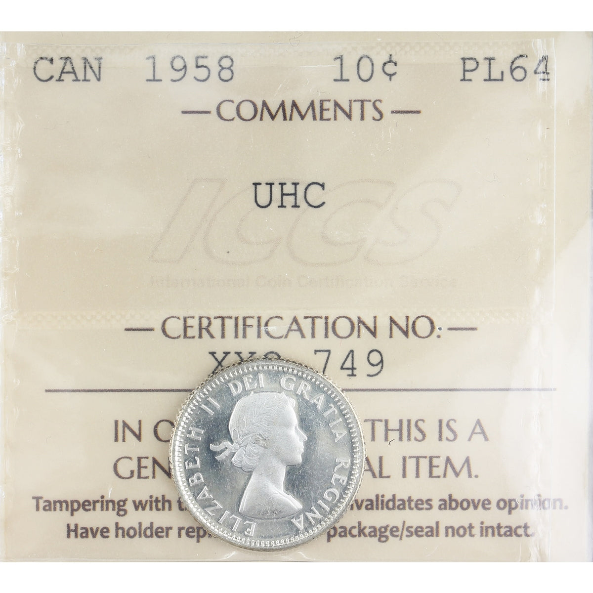1958 Canada 10-cents ICCS Certified PL64 UHC
