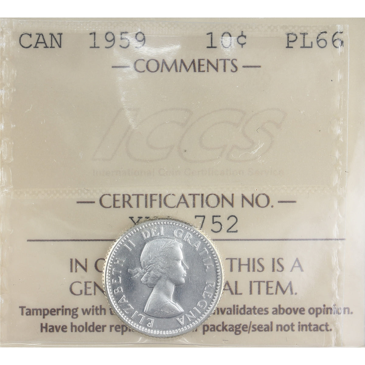 1959 Canada 10-cents ICCS Certified PL66