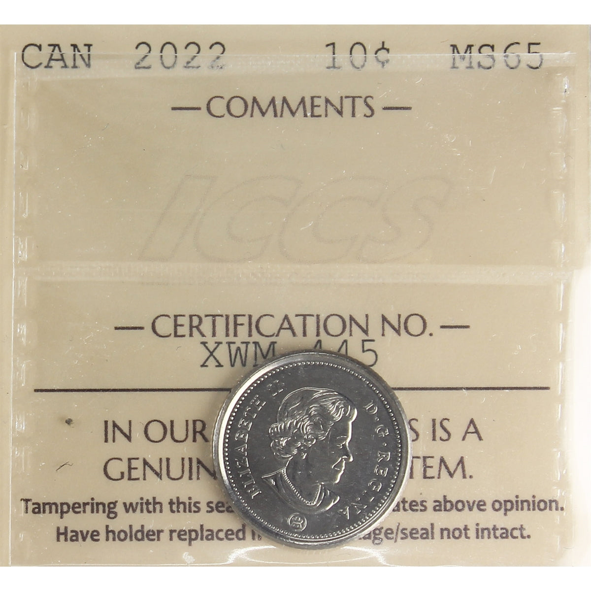 2022 Canada 10-cents ICCS Certified MS65