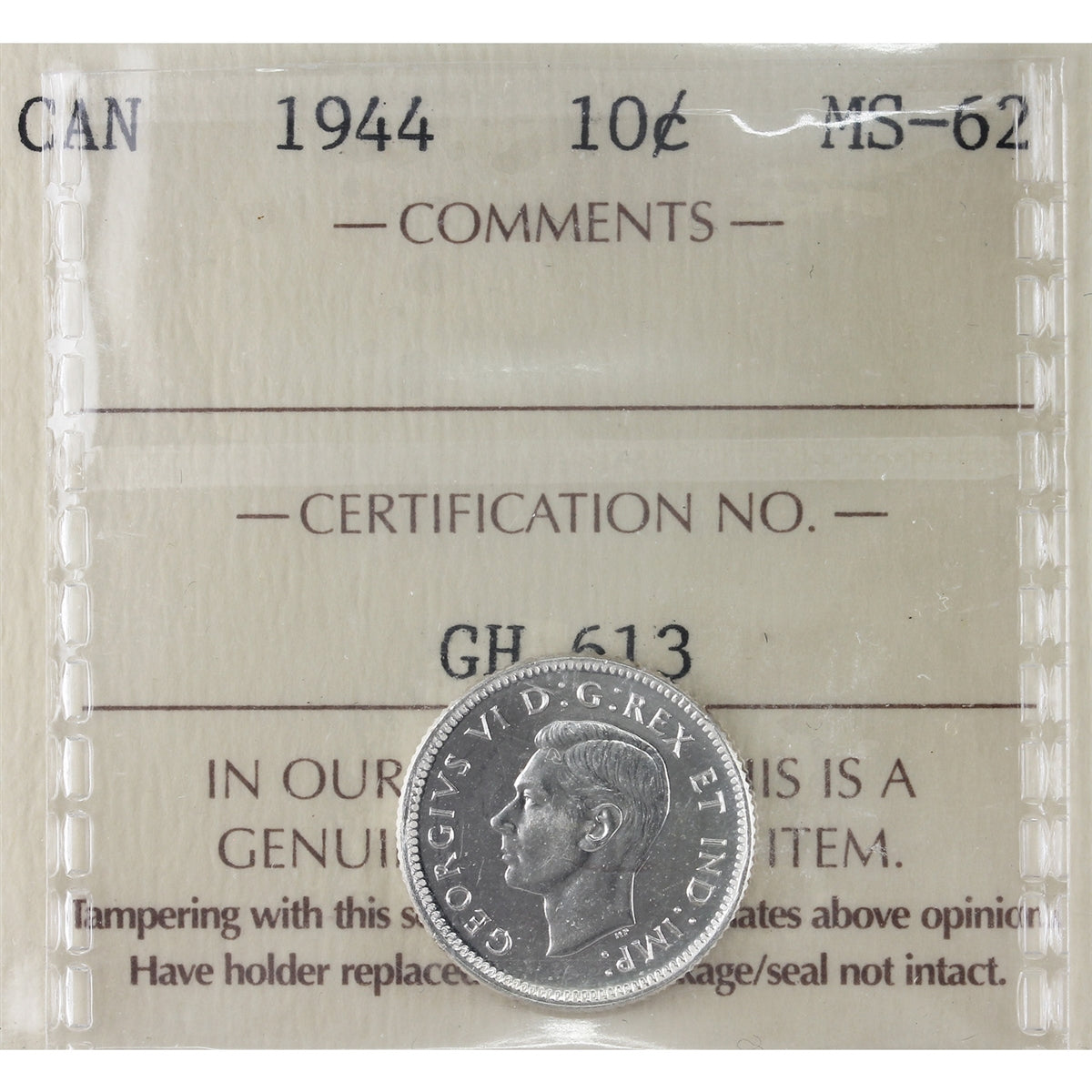 1944 Canada 10-cents ICCS Certified MS62