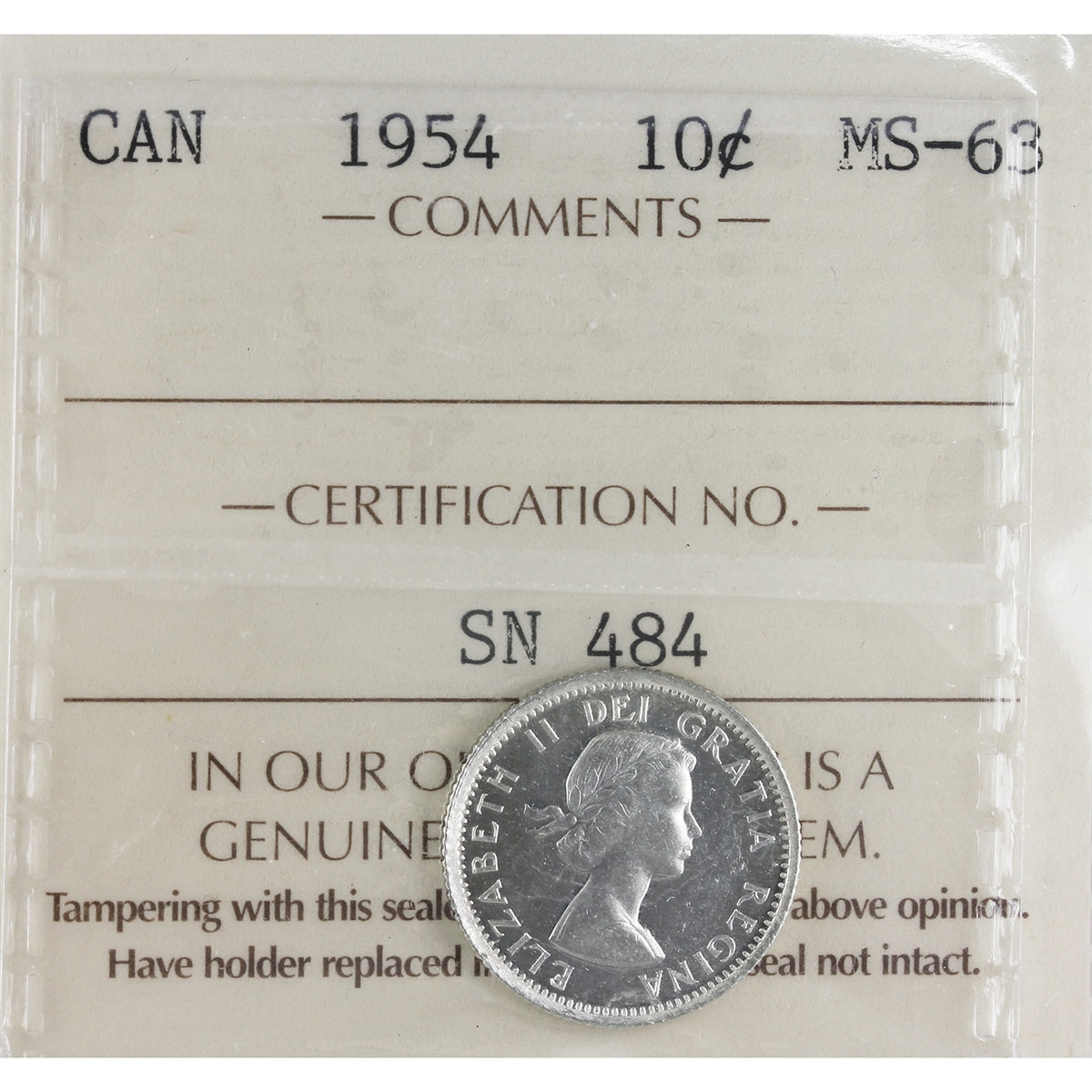 1954 Canada 10-cents ICCS Certified MS63