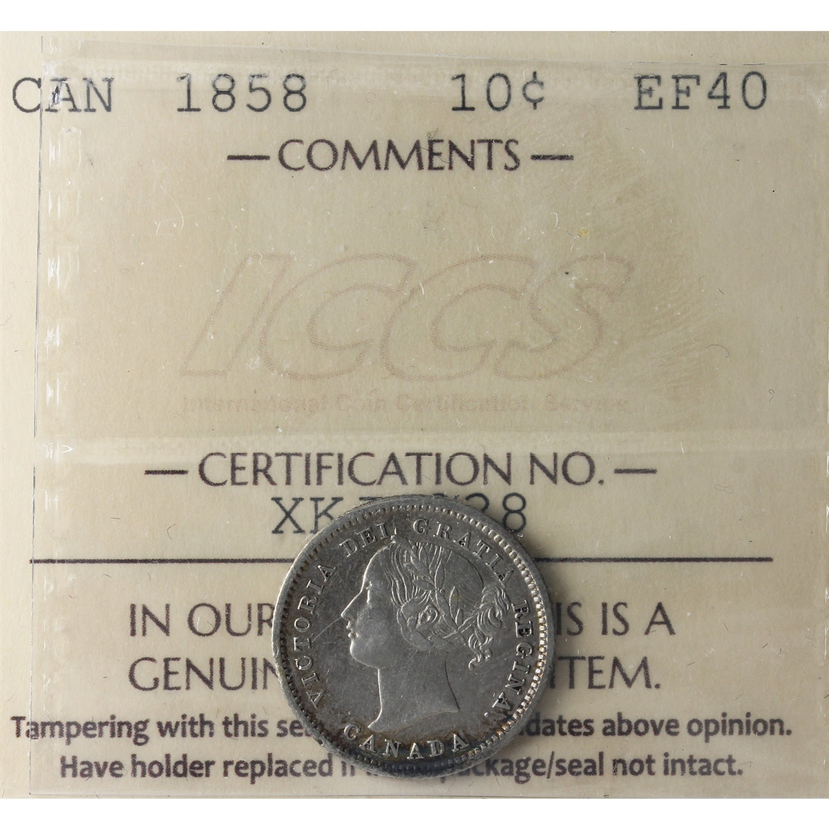 1858 Canada 10-cents ICCS Certified EF-40