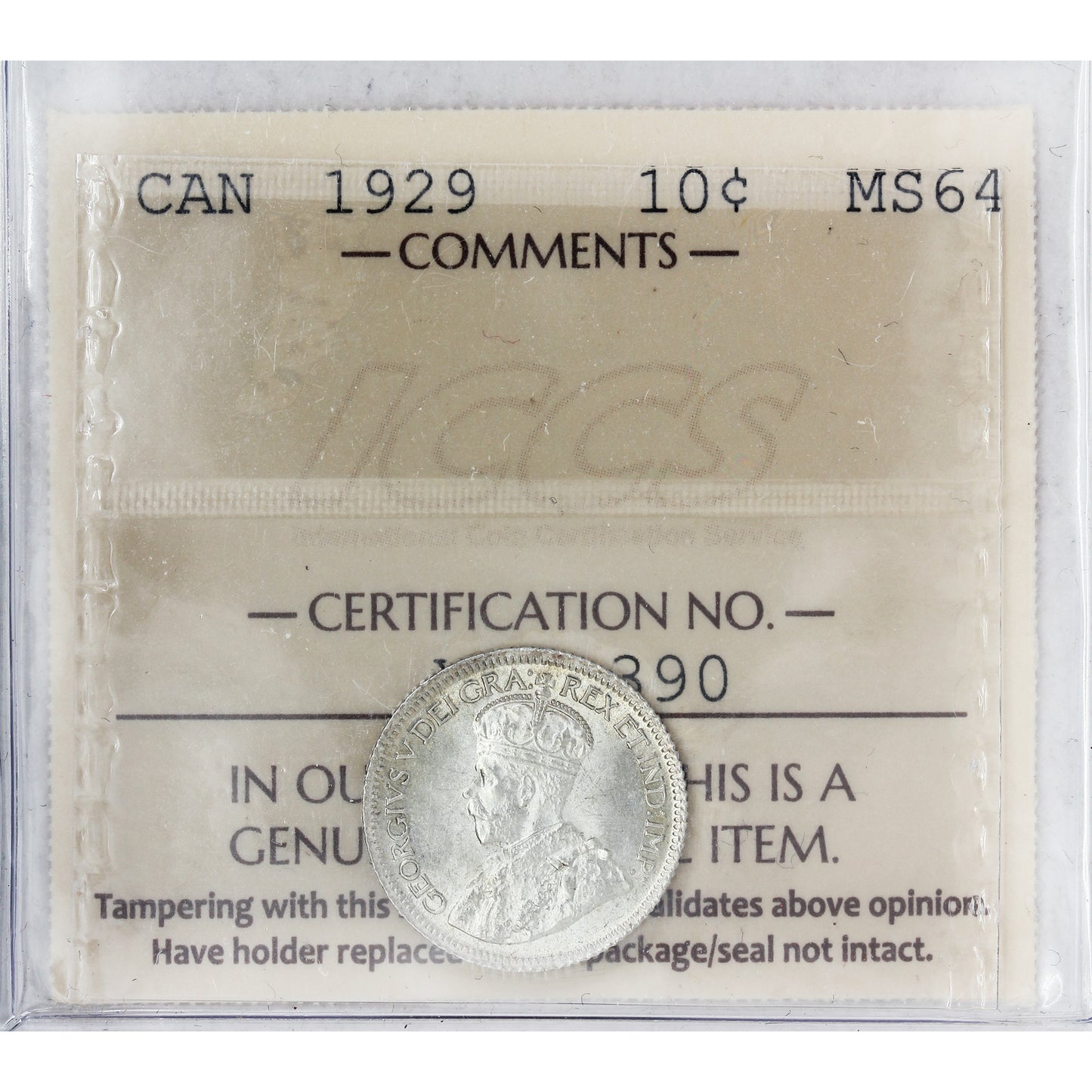 1929 Canada 10-cents ICCS Certified MS64