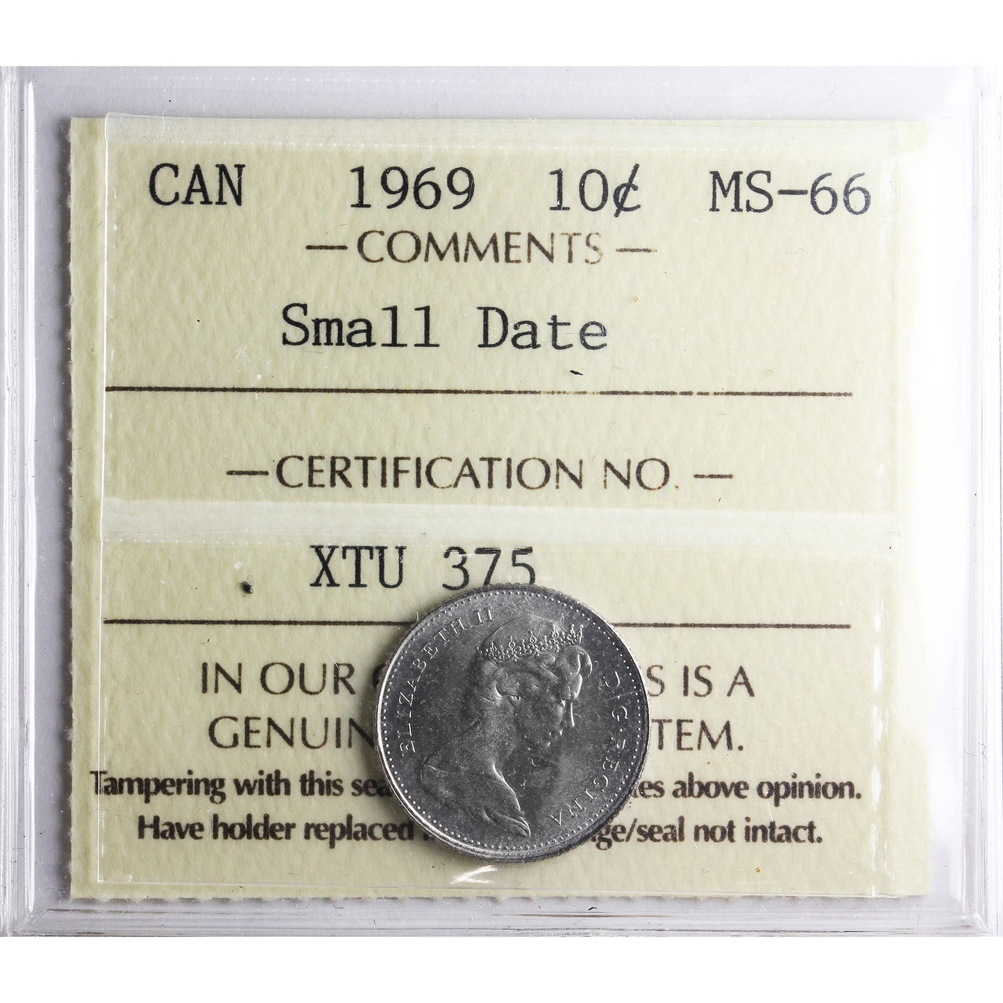 1969 Small Date Canada 10-cents ICCS Certified MS-66