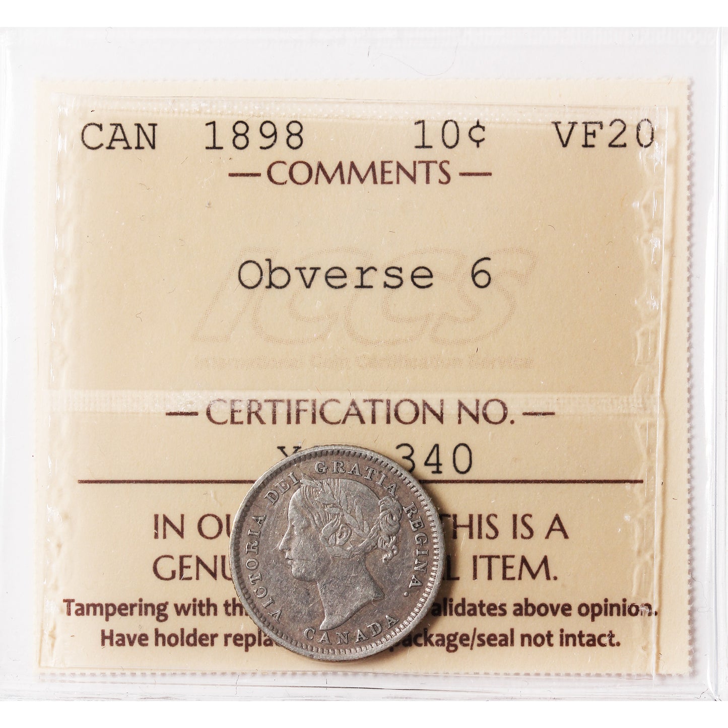 1898 Obv. 6 Canada 10-cents ICCS Certified VF20