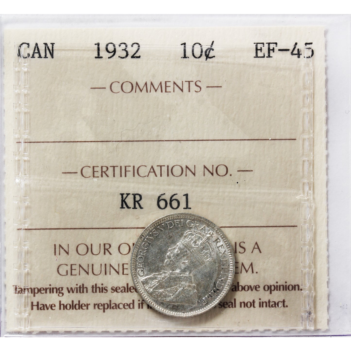 1932 Canada 10-cents ICCS Certified EF-45