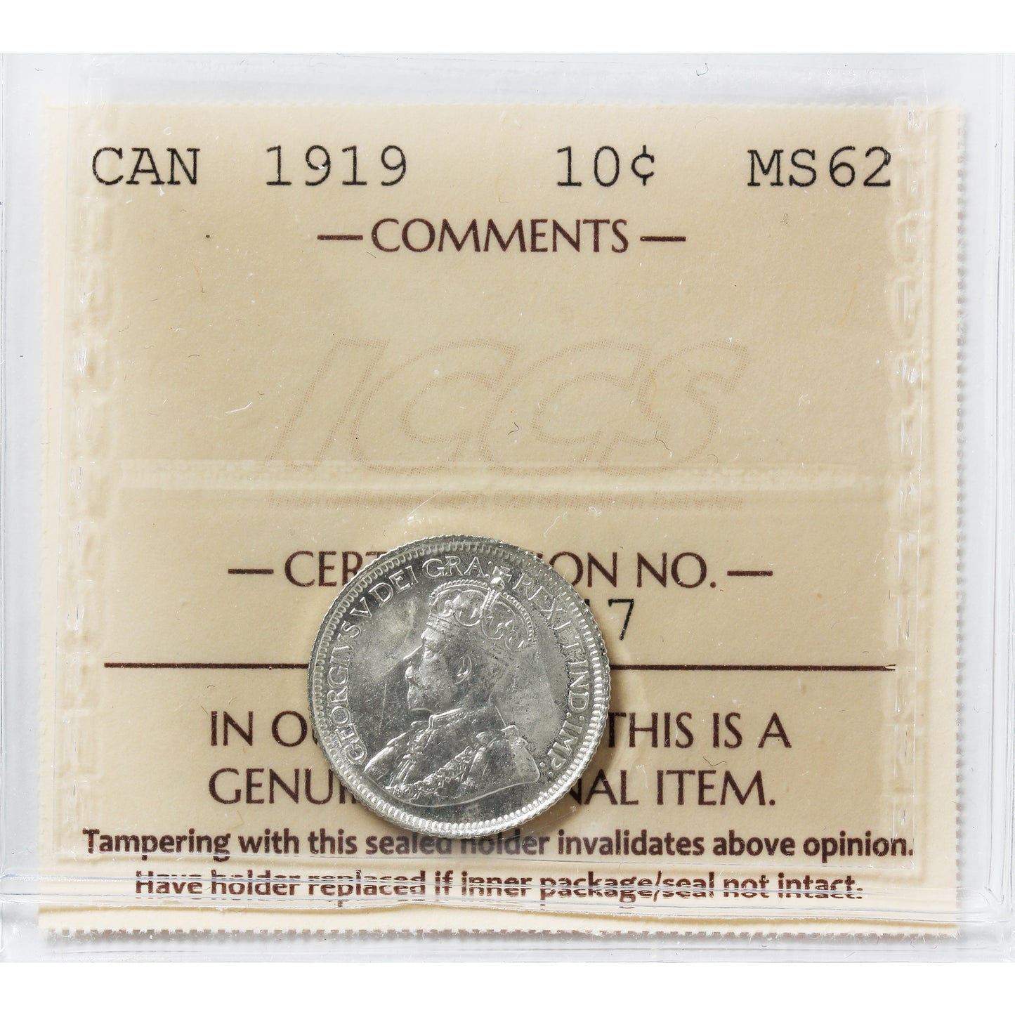 1919 Canada 10-cents ICCS Certified MS-62