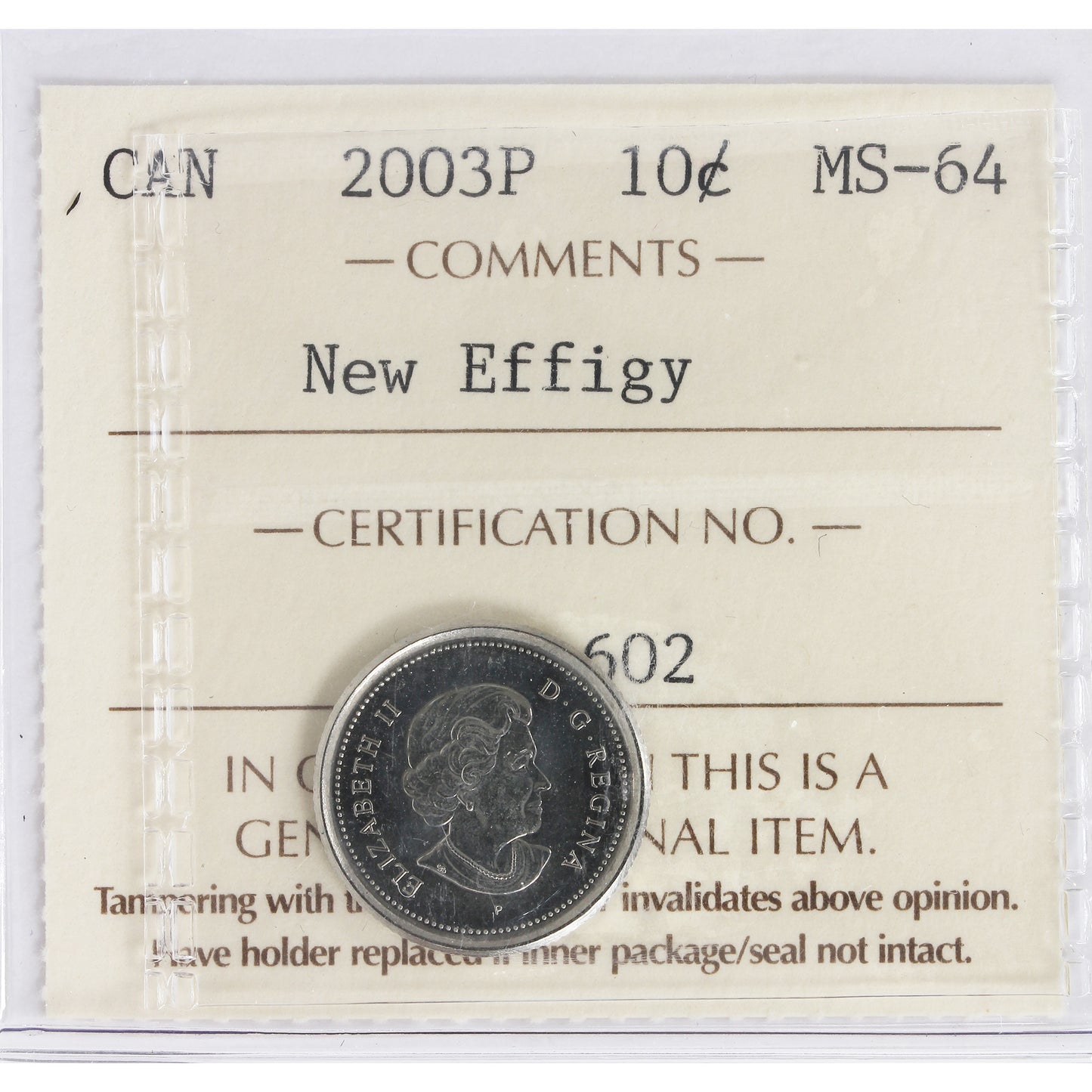 2003P New Effigy Canada 10-cents ICCS Certified MS-64