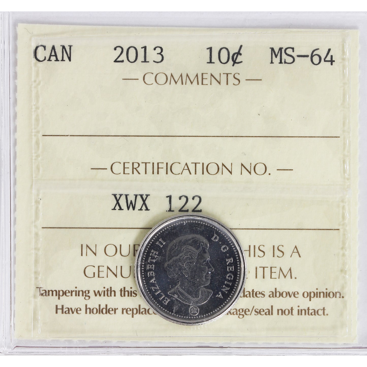 2013 Canada 10-cents ICCS Certified MS-64