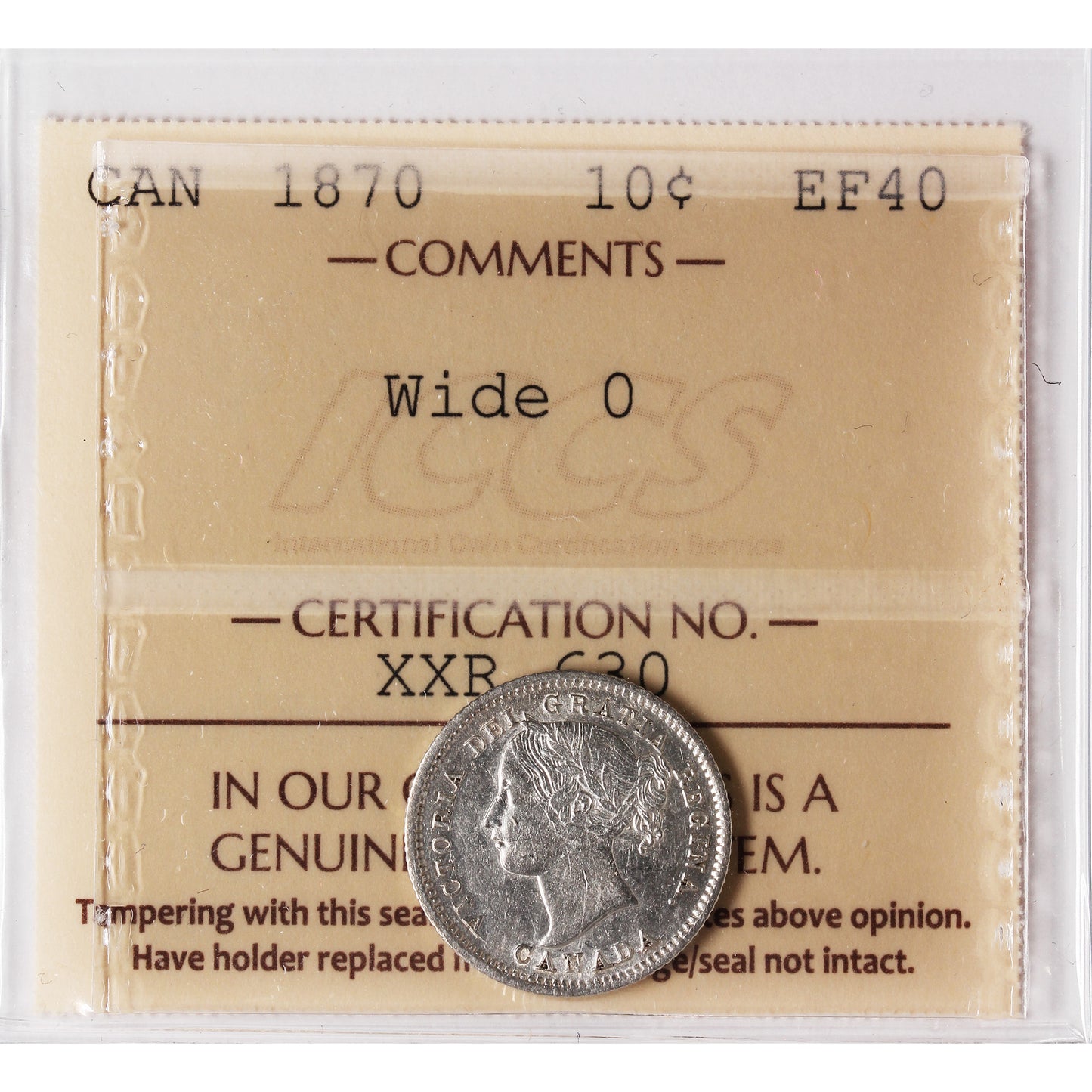 1870 Wide O Canada 10-cents ICCS Certified EF-40