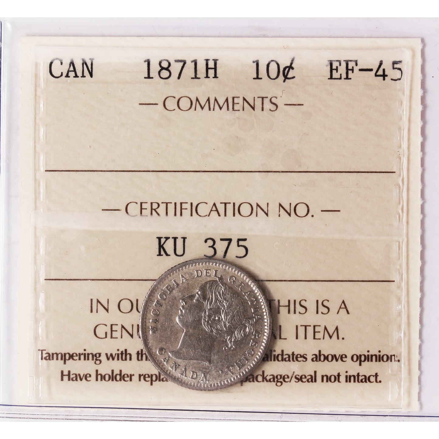 1871H Canada 10-cents ICCS Certified EF-45