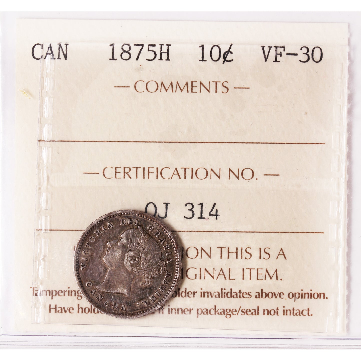 1875H Canada 10-cents ICCS Certified VF30