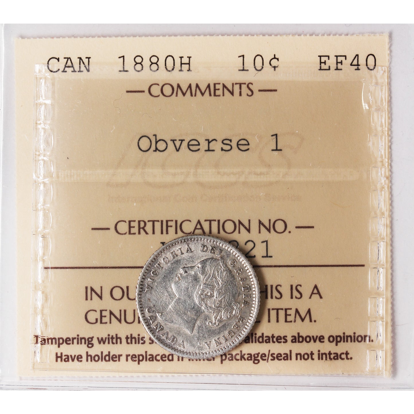 1880H Obv. 1 Canada 10-cents ICCS Certified EF40