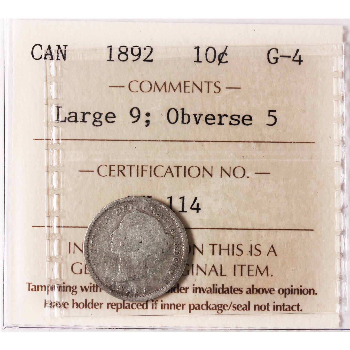 1892 Large 9, Obv. 5 Canada 10-cents ICCS Certified G4