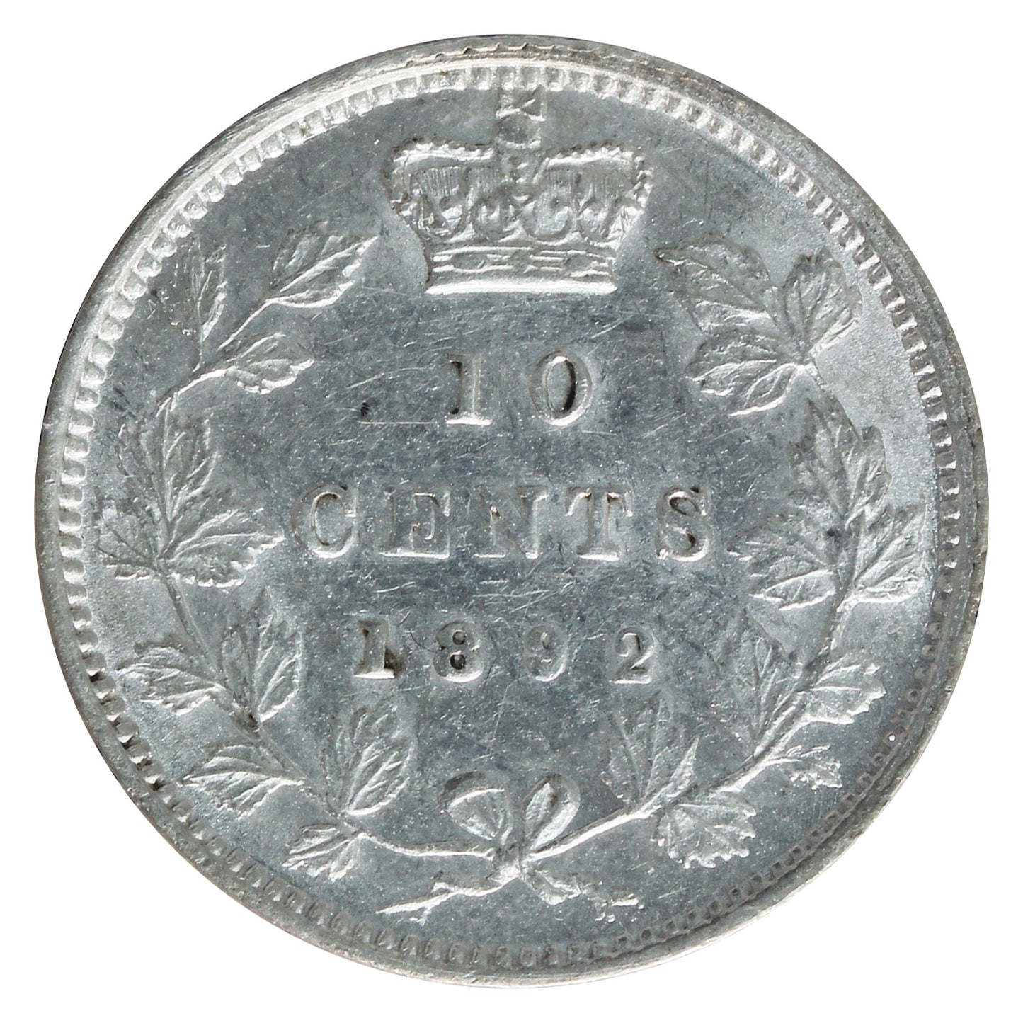 1892 Small 9, Obv. 5 Canada 10-cents ICCS Certified AU50