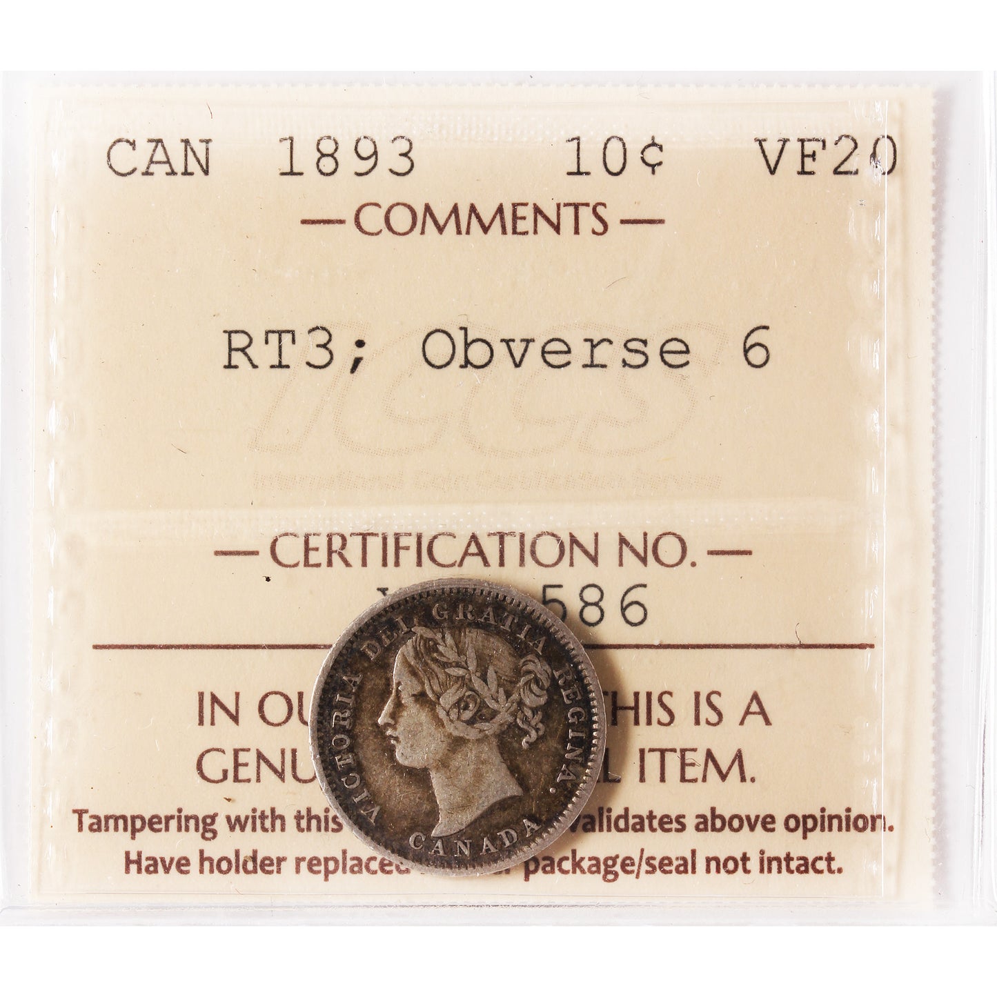 1892 Round Top 3, Obv. 6 Canada 10-cents ICCS Certified VF20