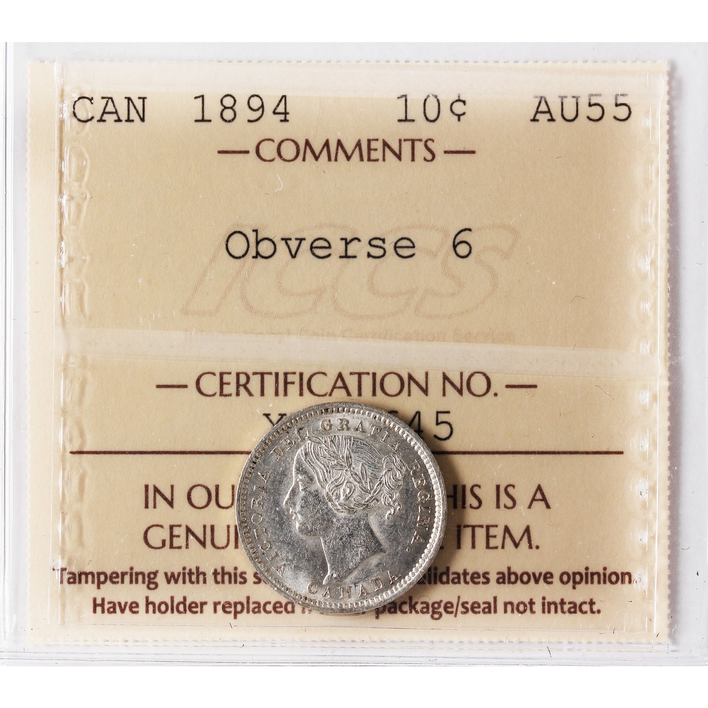 1894 Obv. 6 Canada 10-cents ICCS Certified AU55
