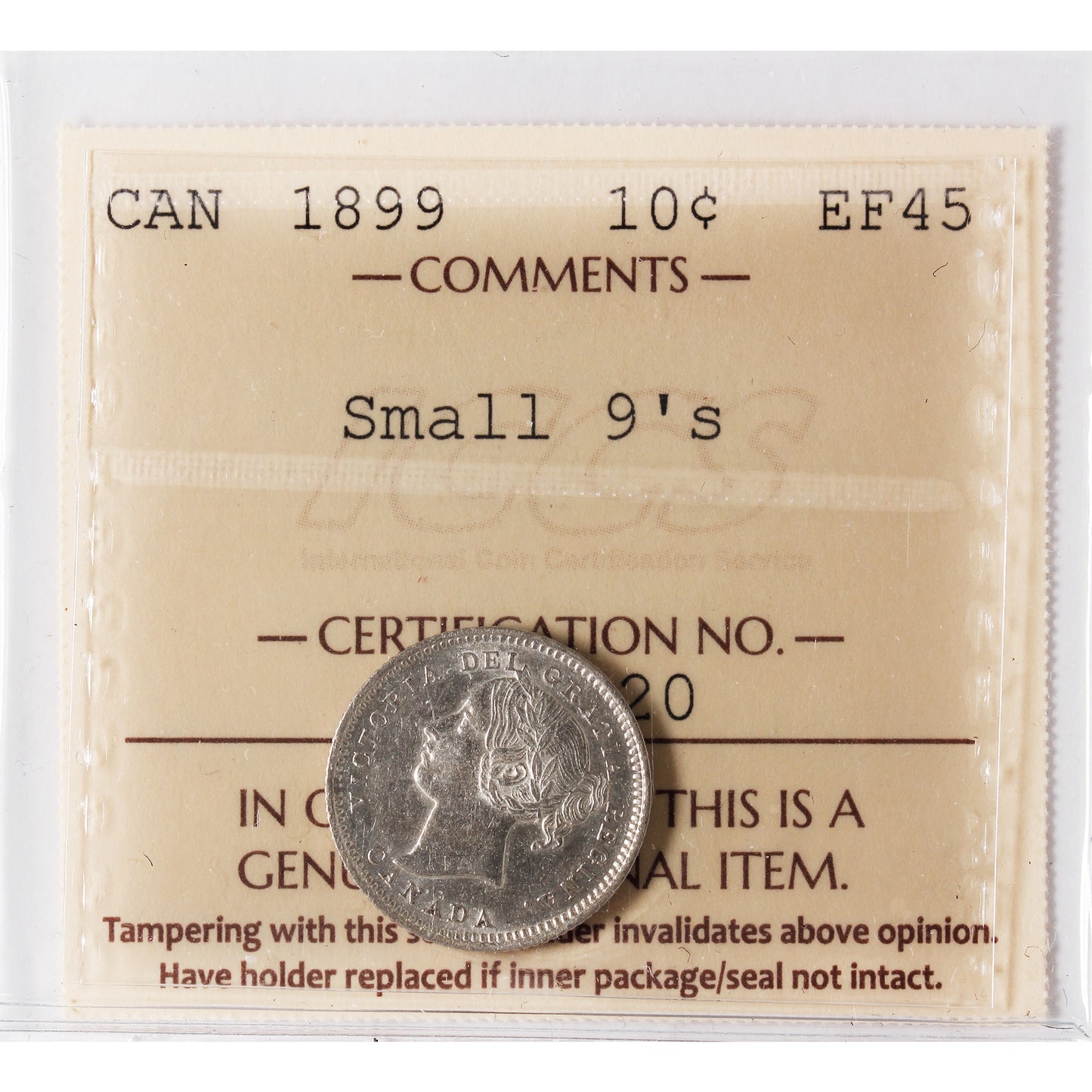 1899 Small 9s Canada 10-cents ICCS Certified EF45