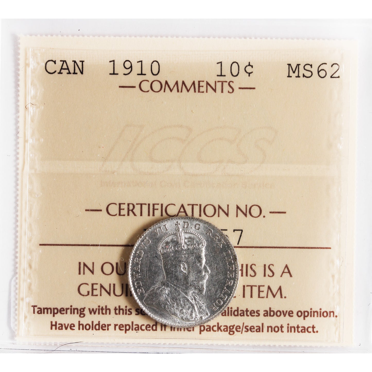 1910 Canada 10-cents ICCS Certified MS62 (XVR 257)