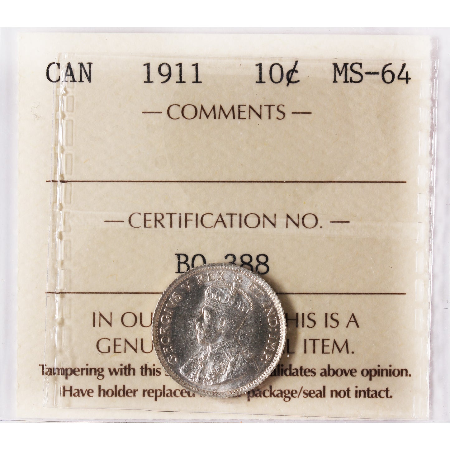1911 Canada 10-cents ICCS Certified MS64 (BQ 388)