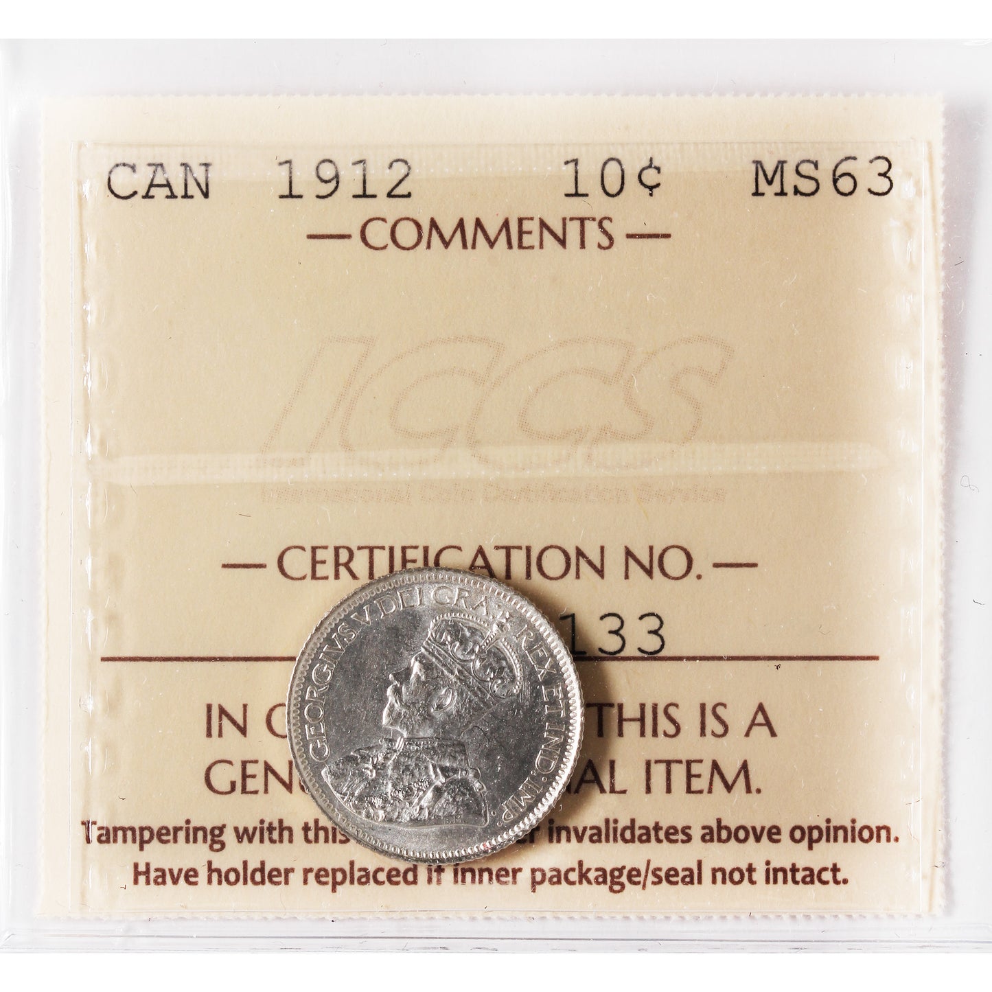 1912 Canada 10-cents ICCS Certified MS-63 (XHT 133)