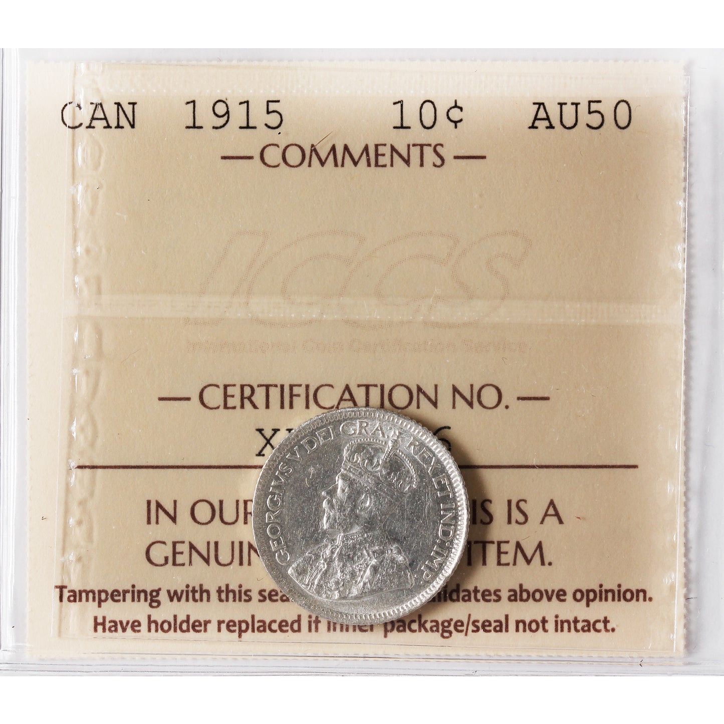 1915 Canada 10-cents ICCS Certified AU-50
