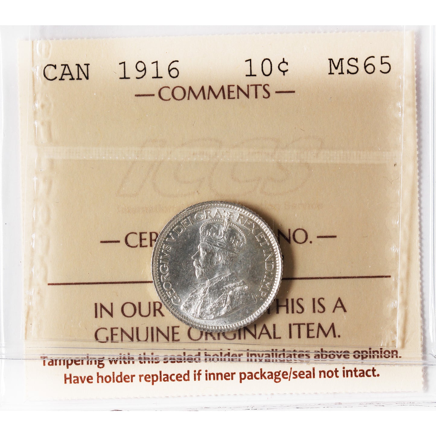 1916 Canada 10-cents ICCS Certified MS-65 (XHT 137)