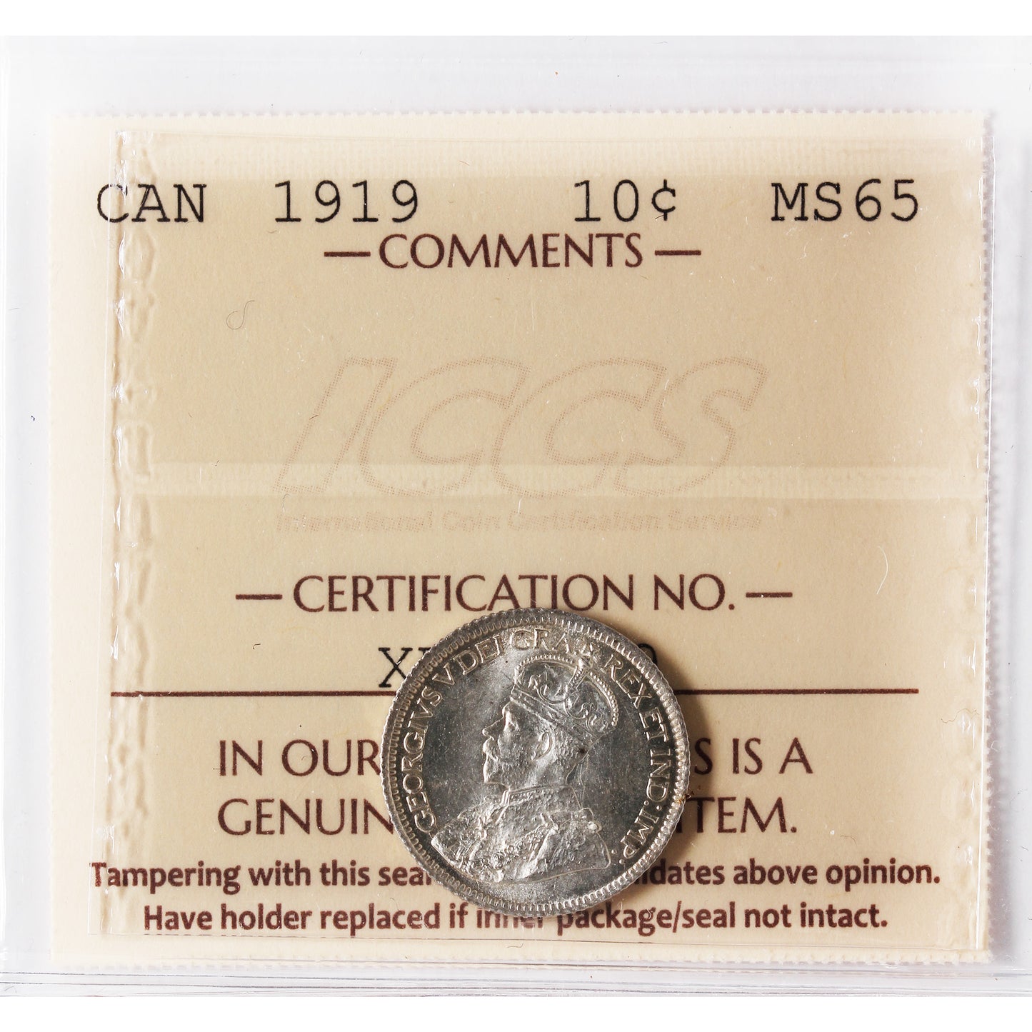 1919 Canada 10-cents ICCS Certified MS-65 (XVR 259)