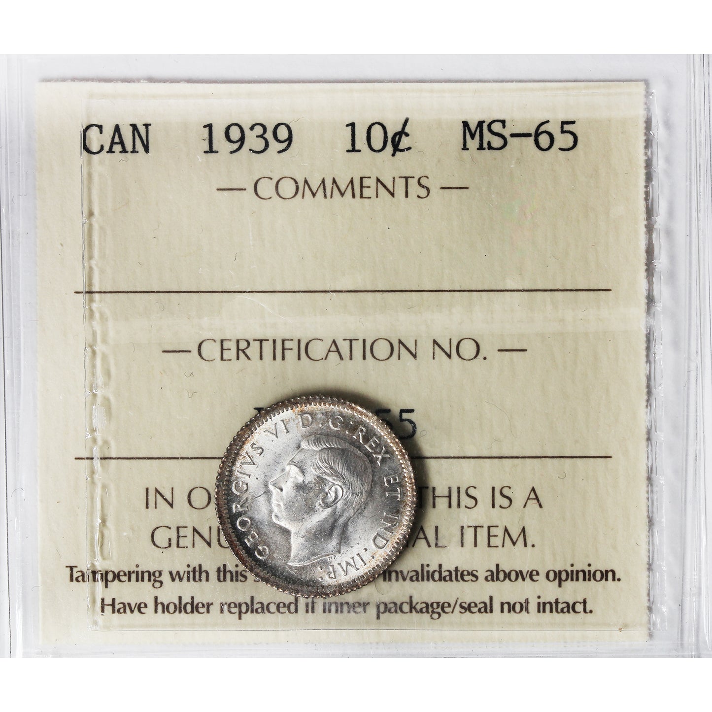 1939 Canada 10-cents ICCS Certified MS65 (XVZ 955)