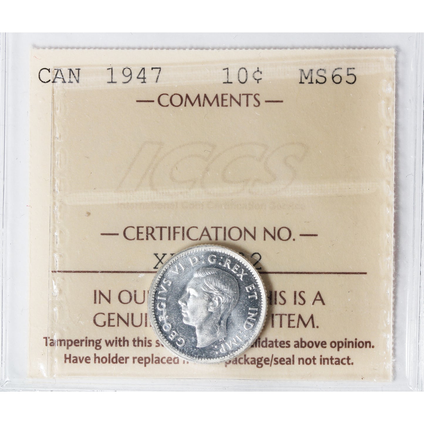 1947 Canada 10-cents ICCS Certified MS-65 (XHT 192)