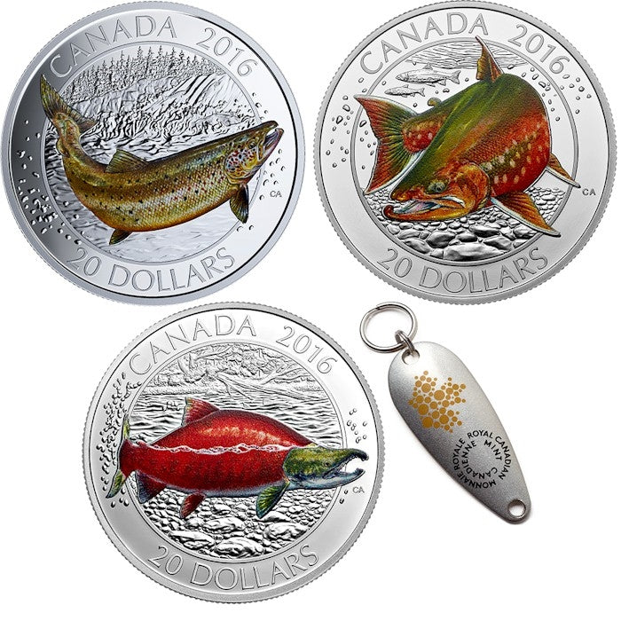 canadian salmon fishing lures 2016 Canadian Salmonids $20 3-coin Set with Fishing Lure (TAX Exempt) – Colonial Acres Coins