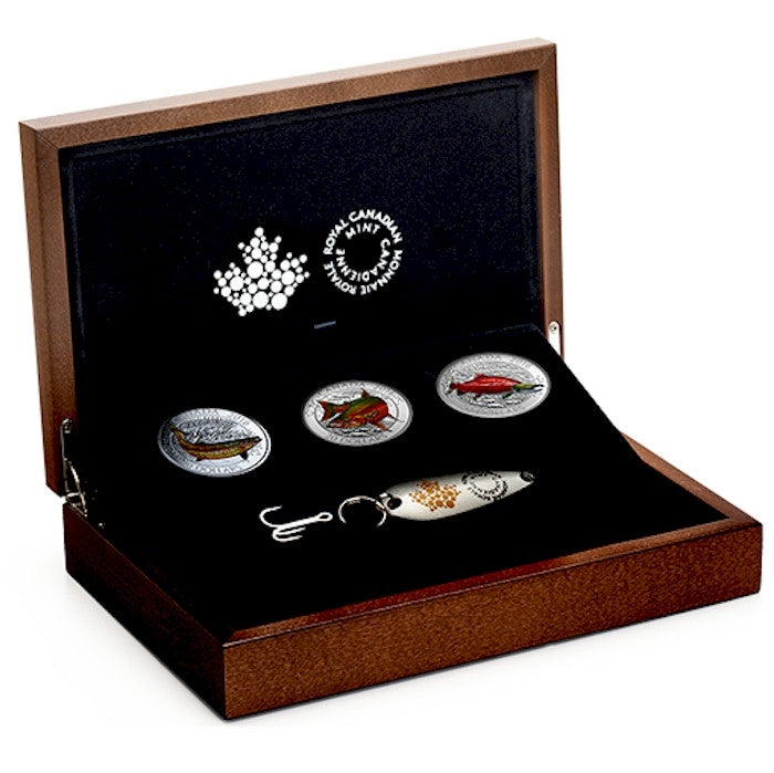 coin fishing lure RDC 2016 Canadian Salmonids $20 3-coin Set with Fishing Lure (No Tax) – Colonial Acres Coins