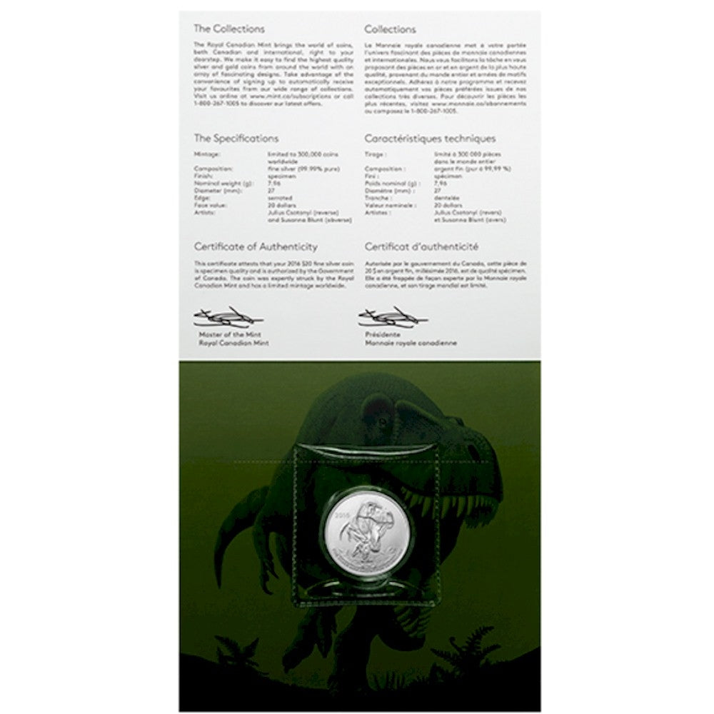 2016 Canada $20 for $20 #19 Tyrannosaurus Rex Fine Silver (No Tax)