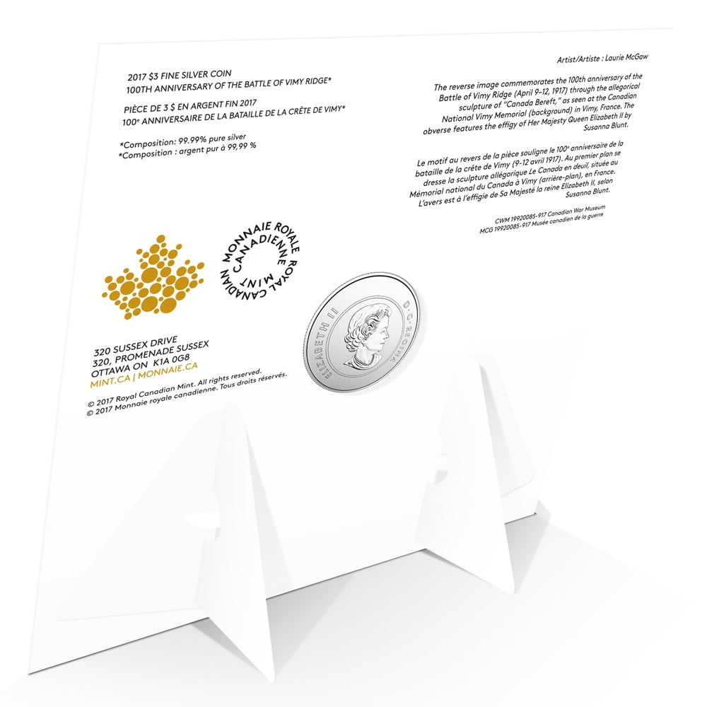 2017 Canada $3 100th Anniversary of the Battle of Vimy Ridge Fine Silver (No Tax)