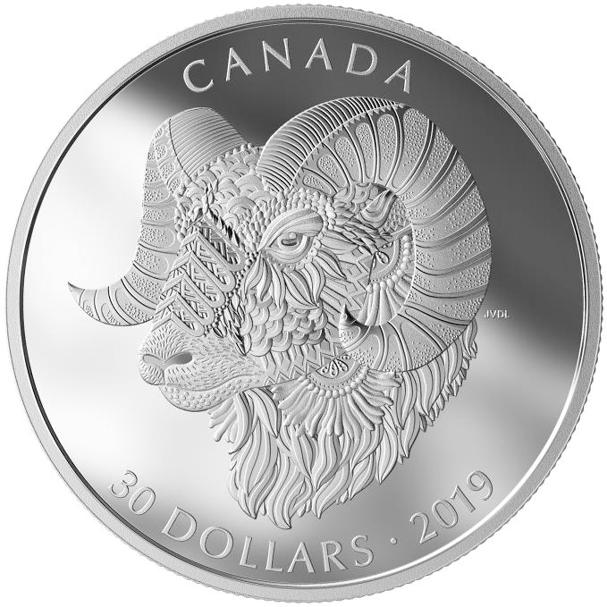 2019 Canada $30 Zentangle Art: The Bighorn Sheep Fine Silver Coin 