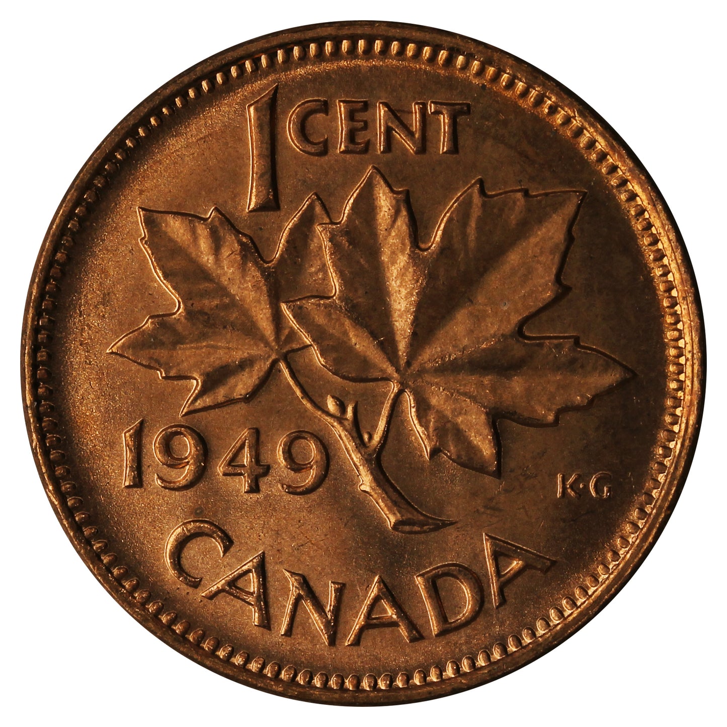 1949 A Between Denticles Canada 1-cent Choice BU (MS-64)