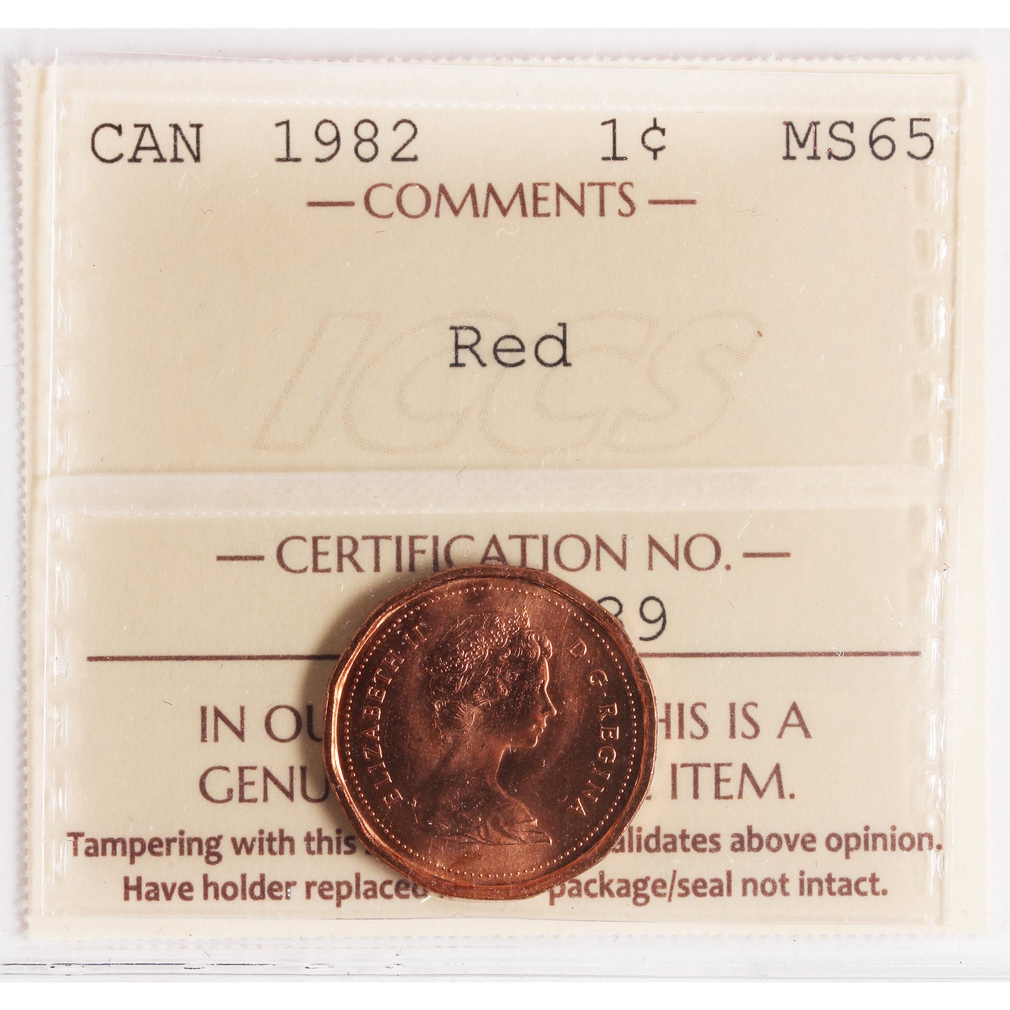 1982 Canada 1-cent ICCS Certified MS65 Red