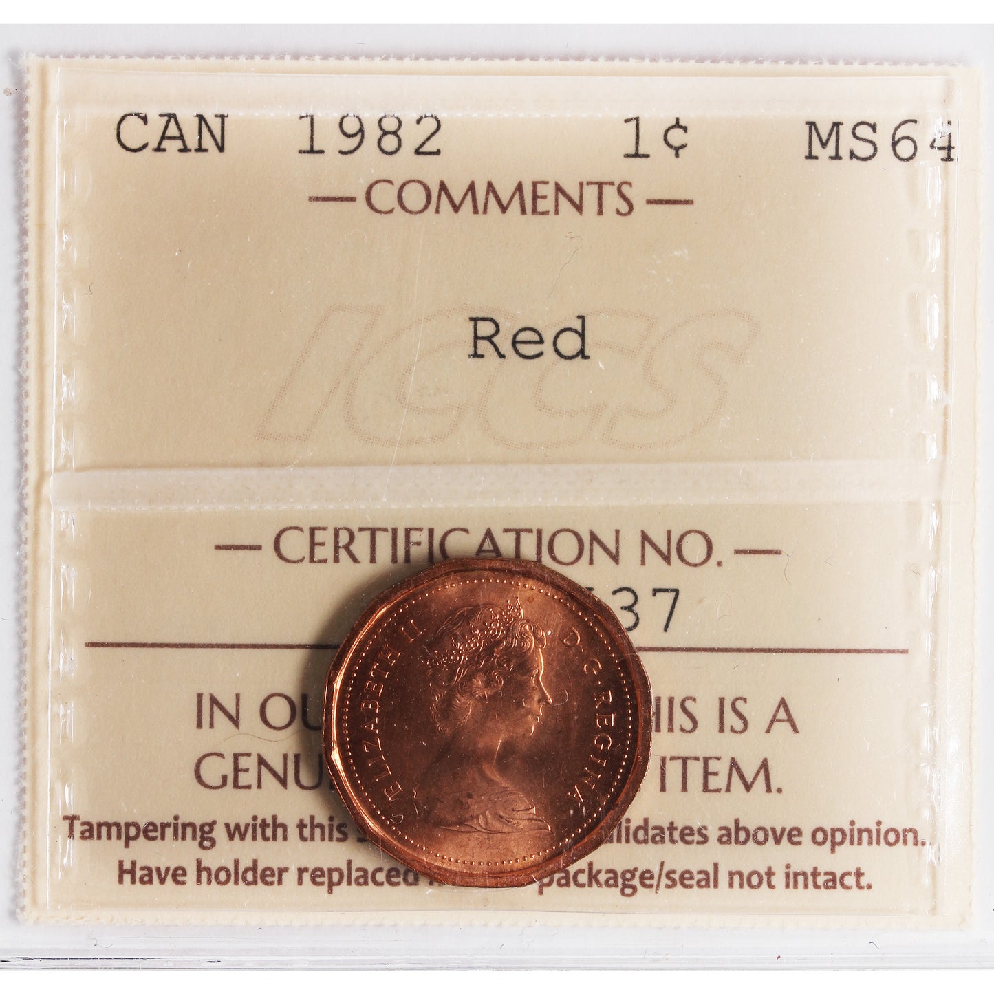1982 Canada 1-cent ICCS Certified MS64 Red