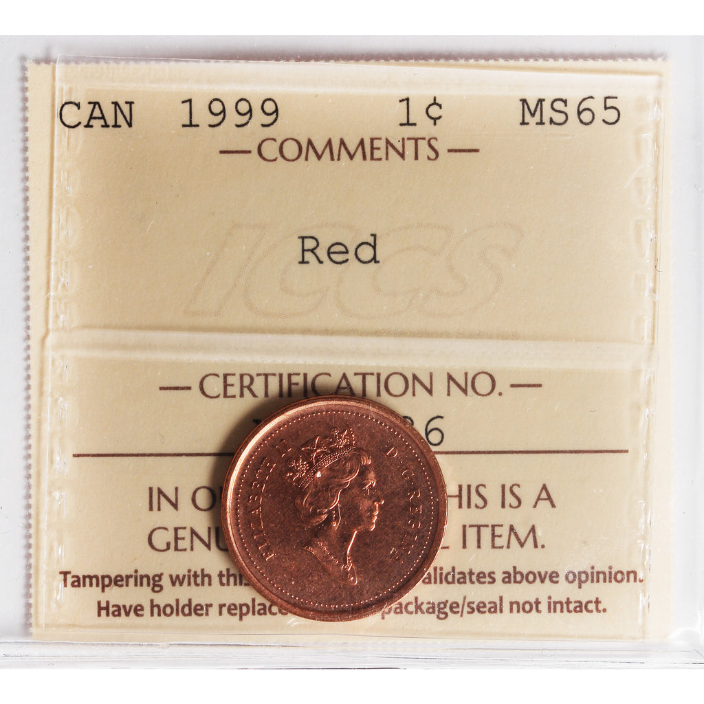 1999 Canada 1-cent ICCS Certified MS65 Red