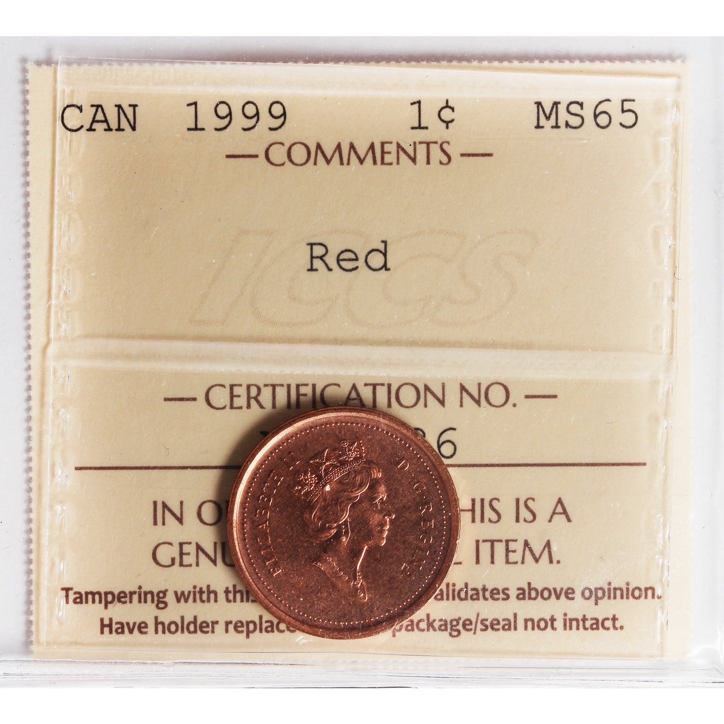 1999 Canada 1-cent ICCS Certified MS65 Red