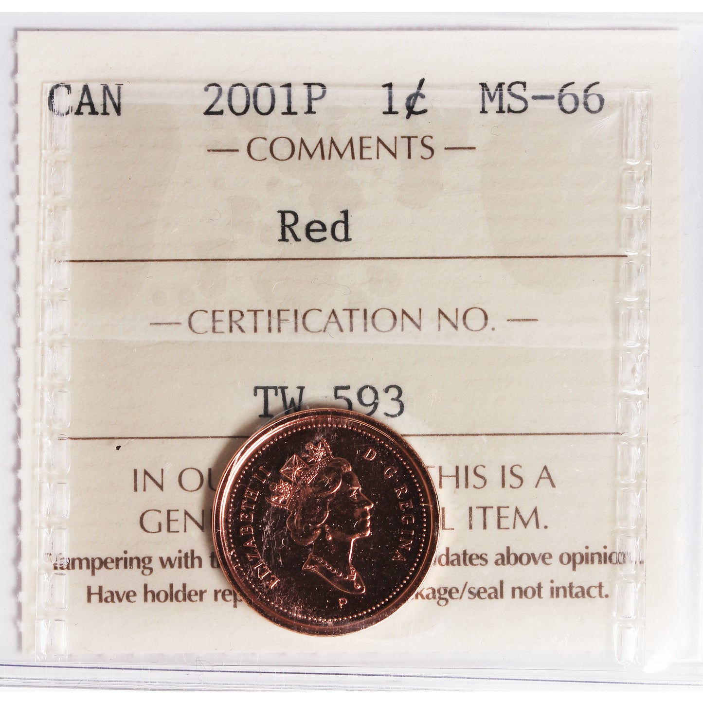 2001P Canada 1-cent ICCS Certified MS-66 Red